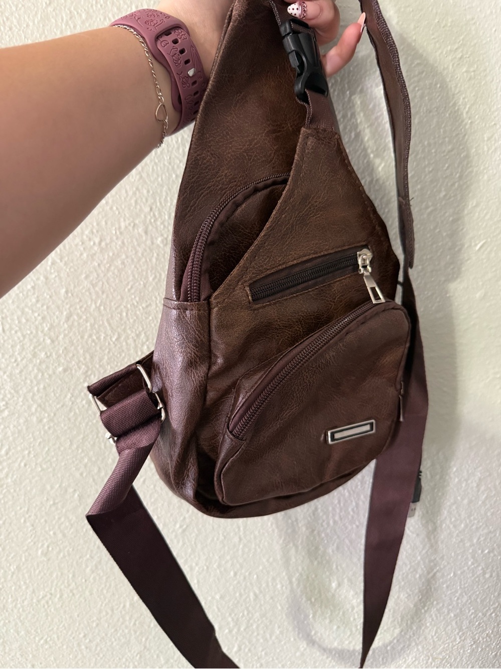 Brown Leather-Look Sling Backpack Crossbody Bag with USB Charging Port - Picture 3 of 7
